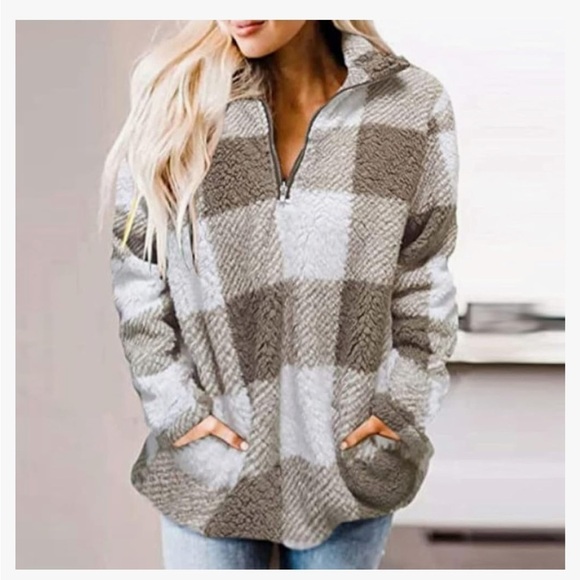 NWT. MEROKEETY Classic Plaid Half Zip Sherpa Top. Small. - Picture 1 of 13